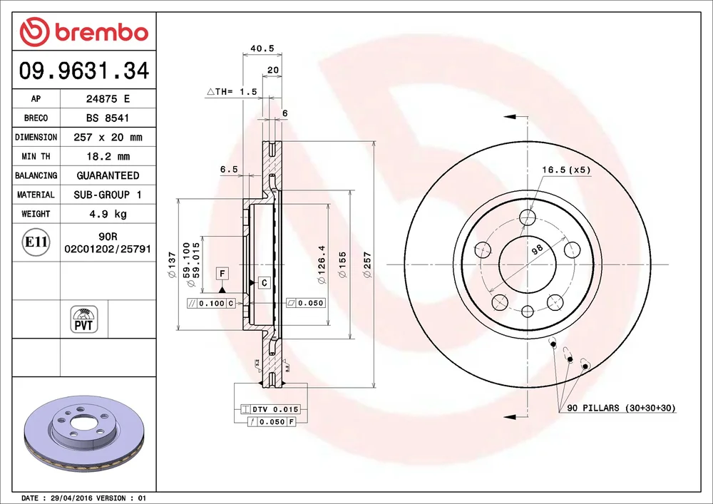 Brzdový kotouč BREMBO 09.9631.34 – OE 71738144