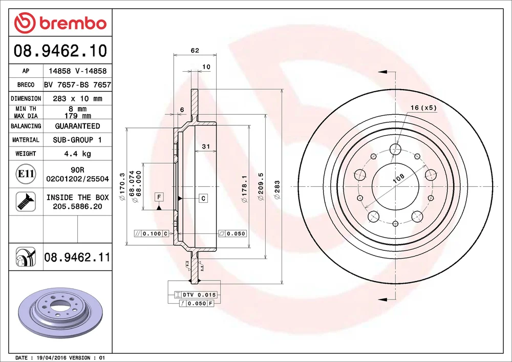 Brzdový kotouč BREMBO 08.9462.11