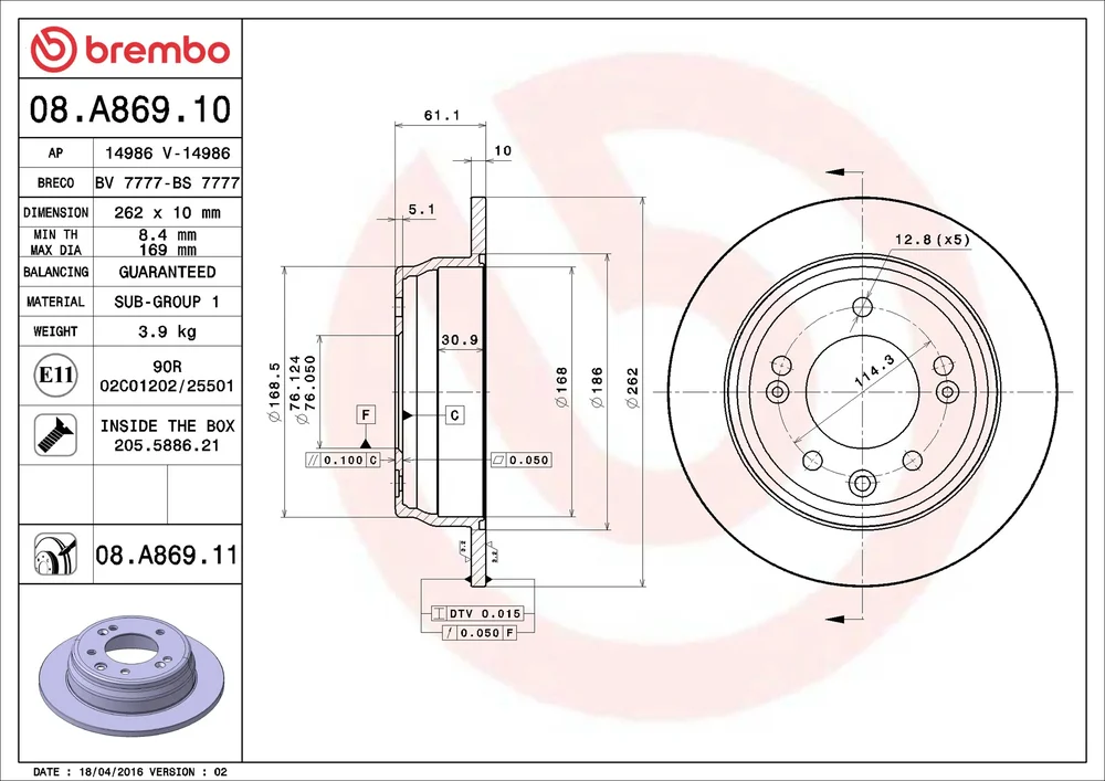Brzdový kotouč BREMBO 08.A869.11