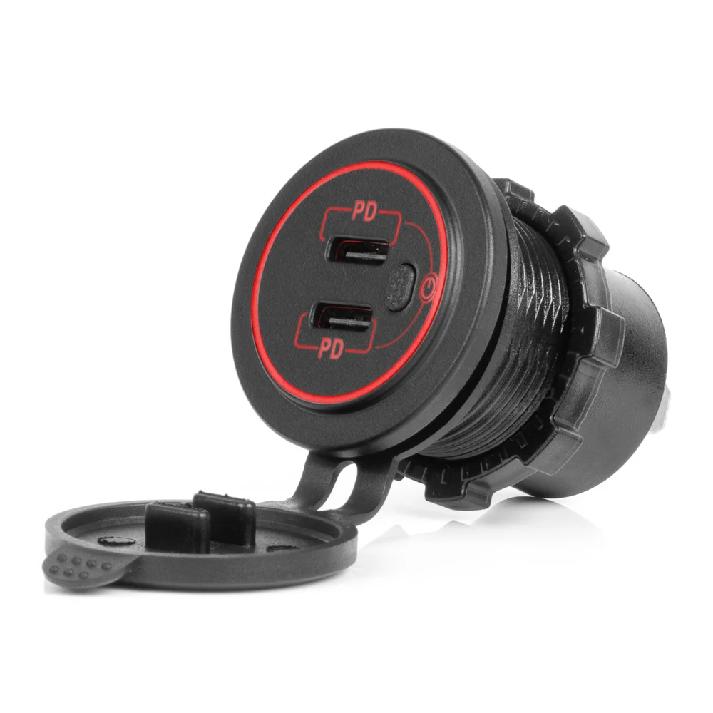 Vodotěsná nabíječka s vypínačem ČERVENÉ LED podsvícení 2xUSB C 12/24V AMiO-04224