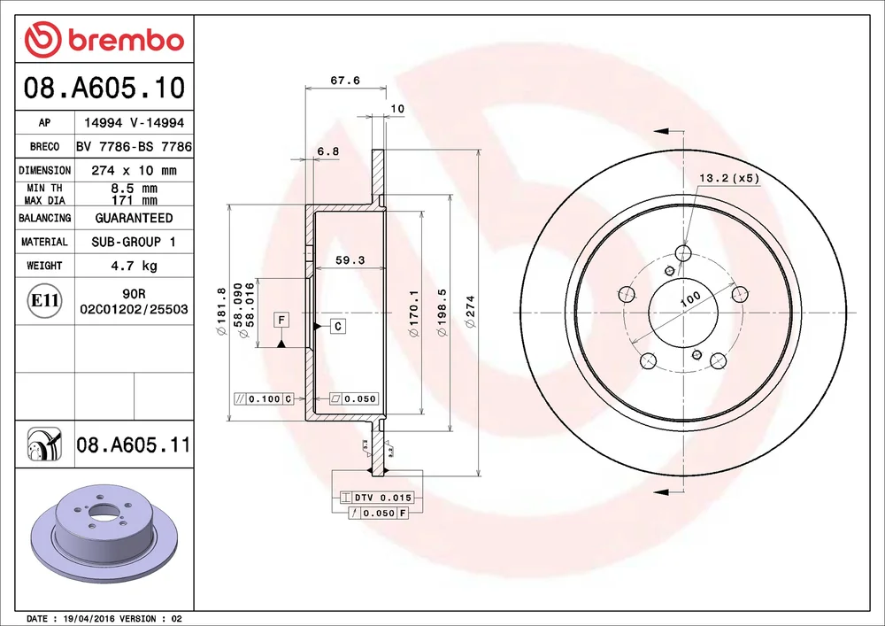 Brzdový kotouč BREMBO 08.A605.11