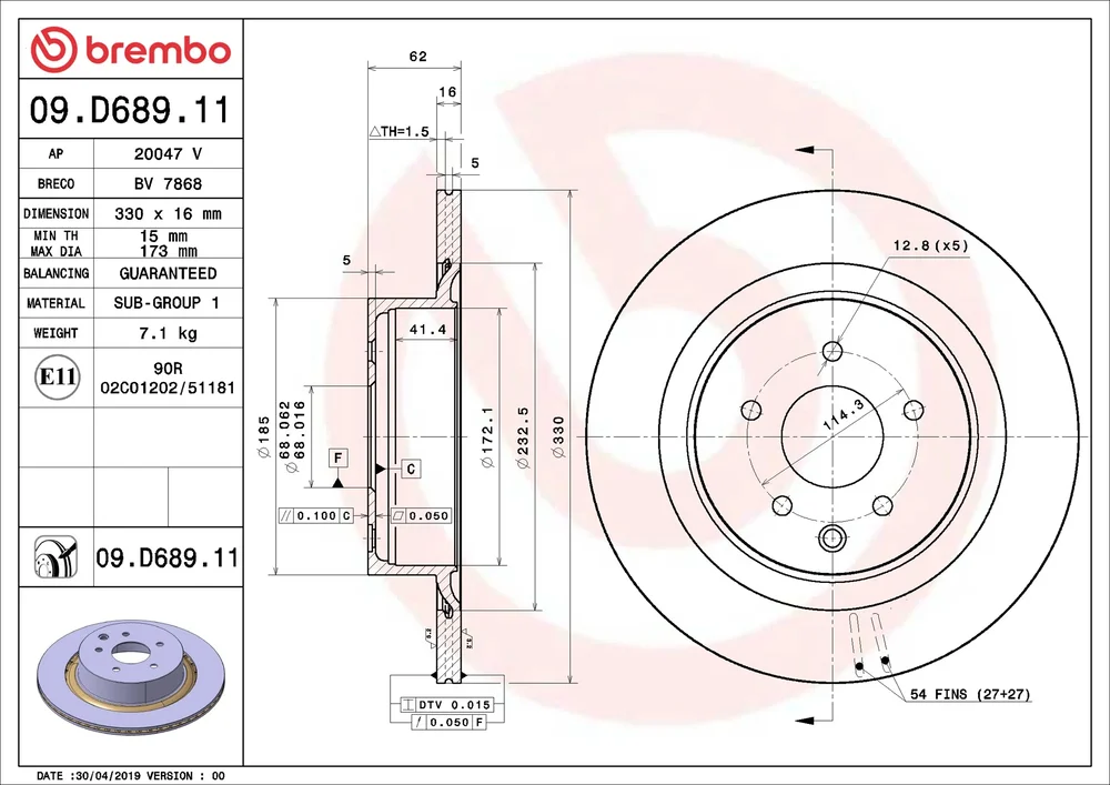 Brzdový kotouč BREMBO 09.D689.11 – OE 43206JK600