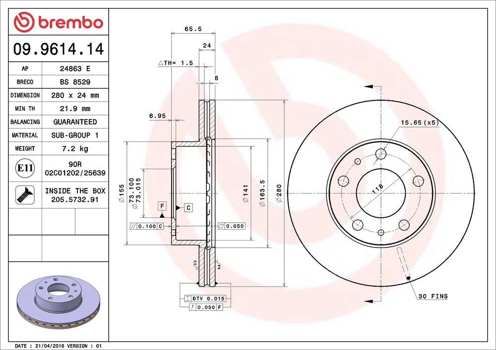 Brzdový kotouč BREMBO 09.9614.14 – OE 4246L2