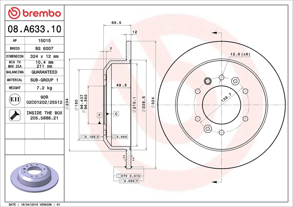 Brzdový kotouč BREMBO 08.A633.10 – OE 584114D000