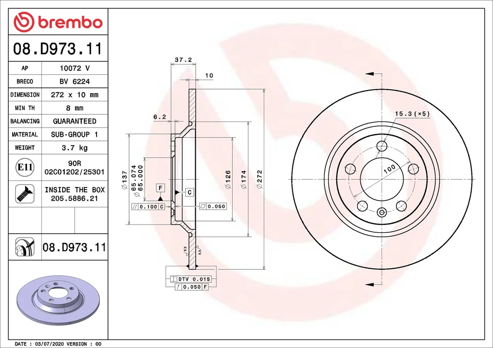 Brzdový kotouč BREMBO 08.D973.11 – OE 2Q0615601G