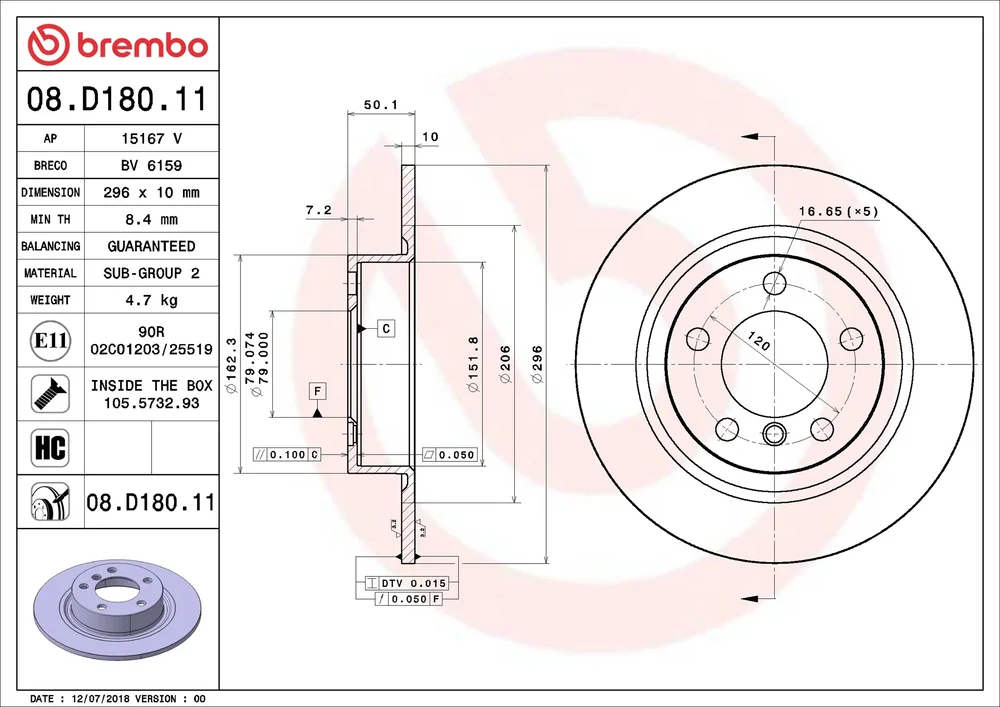 Brzdový kotouč BREMBO 08.D180.11